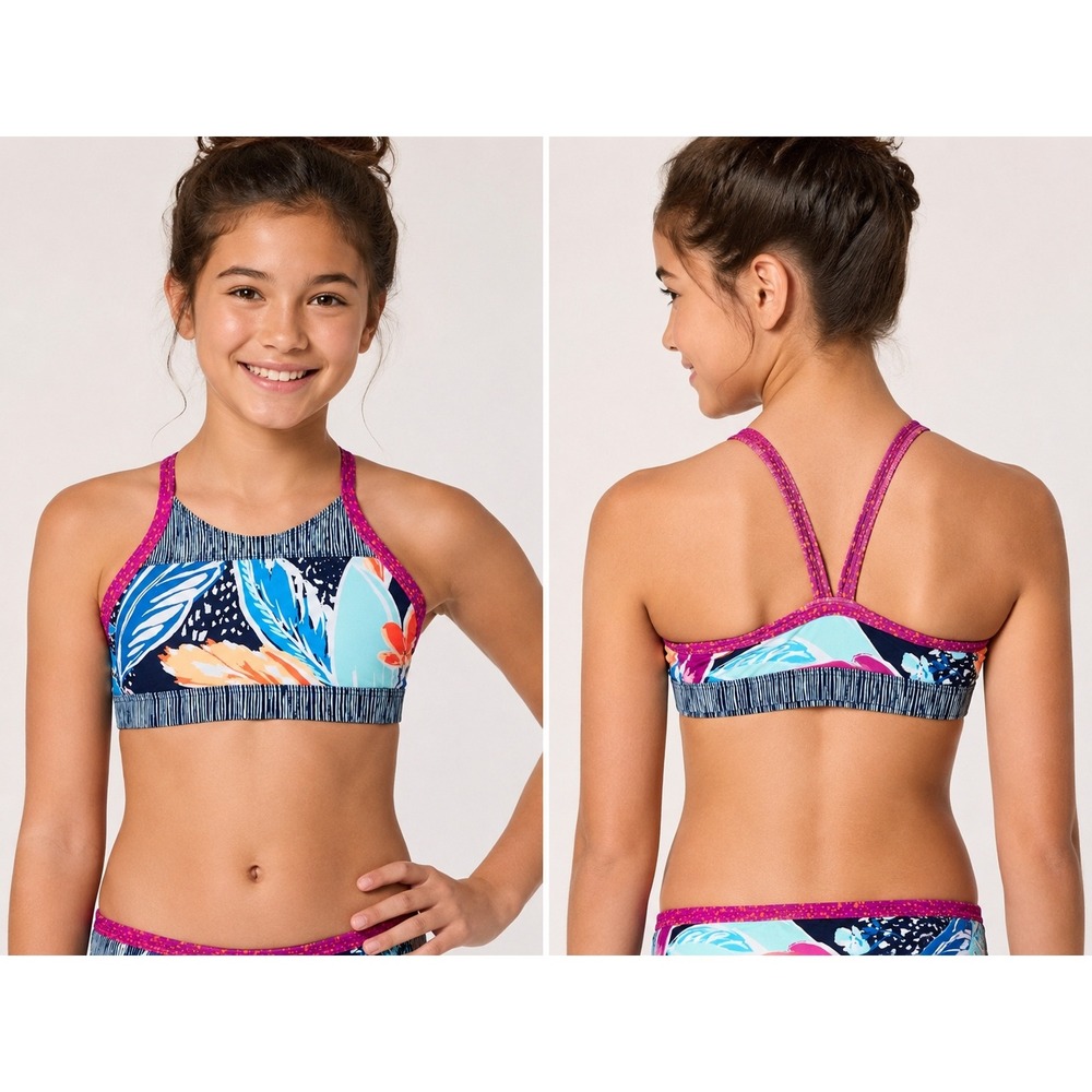 Athleta Girl Paradise Splash Bikini Top Floral High Neck Swim Size L 12 987794-